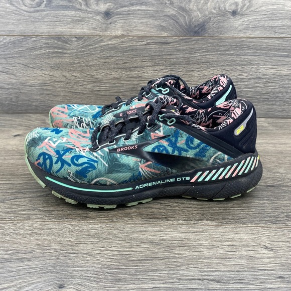 Brooks Shoes - Brooks Adrenaline GTS 22 Running Shoes Womens 9 Teal Pink Graffiti NYC Marathon
